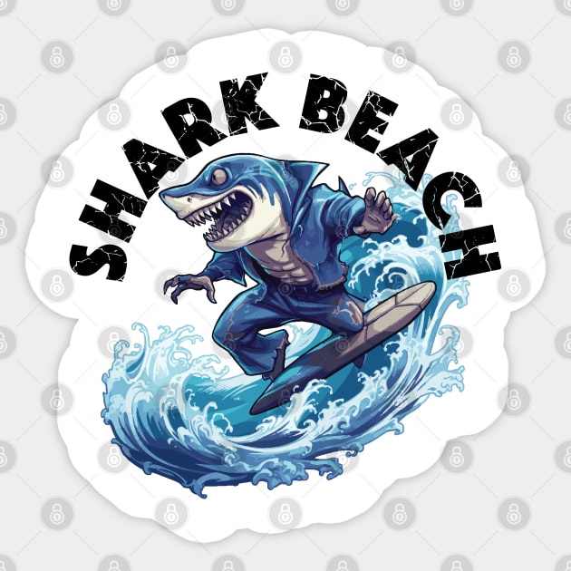 Shark Surfing - Shark Beach (Black Lettering) Sticker by VelvetRoom